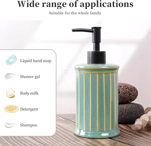 Miniatura 4 de Dispensador de jabón, dispensador de jabón líquido de cerámica 11.84OZ, dispensador de loción de manos para cocina, baño, ducha, recargable, verde