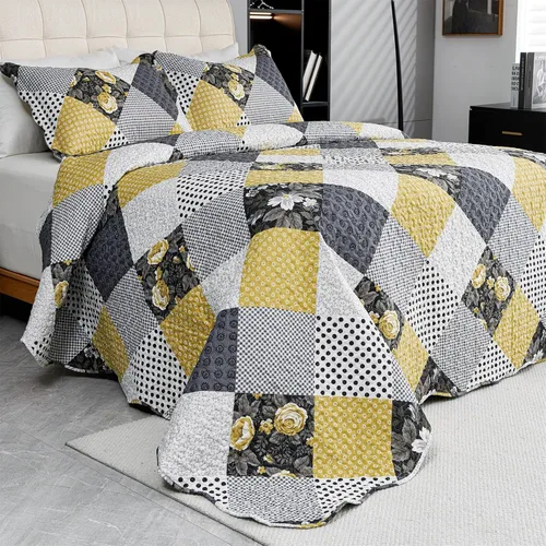 Miniatura 19 de Cmfshape - Juego de edredón de verano floral King acolchado, juego de edredón rosa romántico King, juego de ropa de cama reversible cosido para Rosa