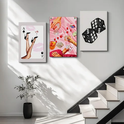 Miniatura 8 de Juego de 3 arte de pared de dados de póker enmarcados en blanco y negro, impresiones en lienzo estéticas retro Y2K, fotos de póster rosa de moda