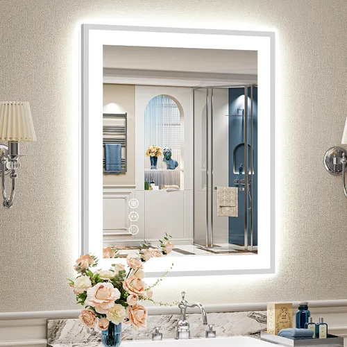Miniatura 20 de 24x30 Espejo de baño LED con marco negro con luces, retroiluminado + iluminación frontal, espejo de tocador iluminado antivaho para pared de baño