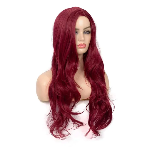 Miniatura 4 de Pelucas largas rizadas y onduladas de color rojo vino para mujer, con parte lateral, aspecto natural, para cosplay, fibra sintética, resistente al