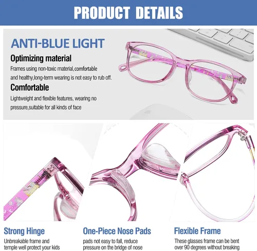 Miniatura 8 de DUCO Lentes de luz azul para niños, niñas, niños, videojuegos, computadora, TV, teléfono, anteojos falsos para niños de 6 a 10 años, anti luz azul