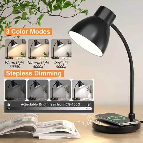 Miniatura 3 de Lámparas de escritorio para oficina en casa – Lámpara de escritorio LED con cargador inalámbrico, 3 modos de color regulables para el cuidado