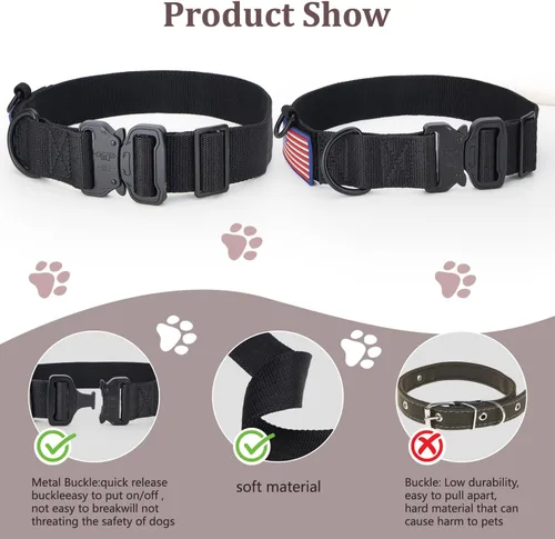 Miniatura 4 de Collar Táctico de Servicio Pesado para Perro Ajustable de Nailon para Mascotas Hebilla de Liberación Rápida con 2 Anillos en D con Parche para Negro