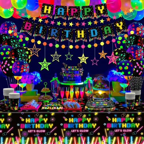 Miniatura 2 de 241 piezas de suministros para fiestas de neón brillante, juego de vajilla de neón brillante, globos de neón que brillan en la oscuridad, pancarta