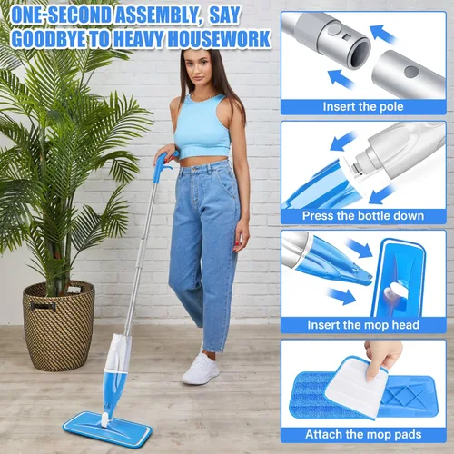 Miniatura 5 de Trapeador con rociador para pisos de madera dura: trapeadores de microfibra para pisos húmedos y secos con 4 almohadillas lavables para Swiffer Azul