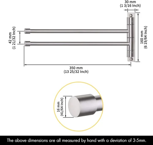 Miniatura 4 de KES Barra de Toallas para Baño de 13.8 Pulgadas, Montaje Basculante, Brazo Extensible, Soporte de Pared de 2 Brazos, Acero Inoxidable SUS304