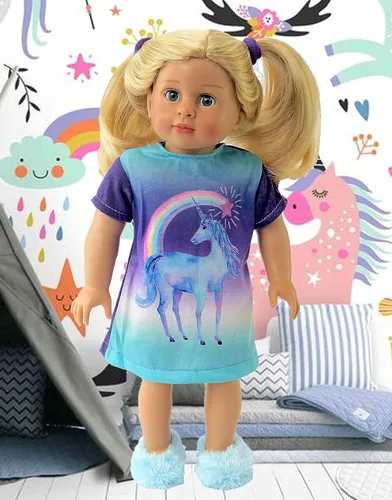 Miniatura 4 de American Fashion World Pijama de unicornio para muñecas de 18 pulgadas Calidad premium y diseño moderno