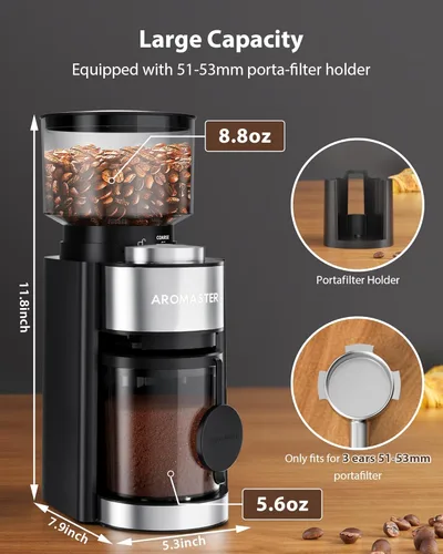 Miniatura 2 de Molinillo de café de rebabas cónicas, soporte portafiltro de 3 orejas
