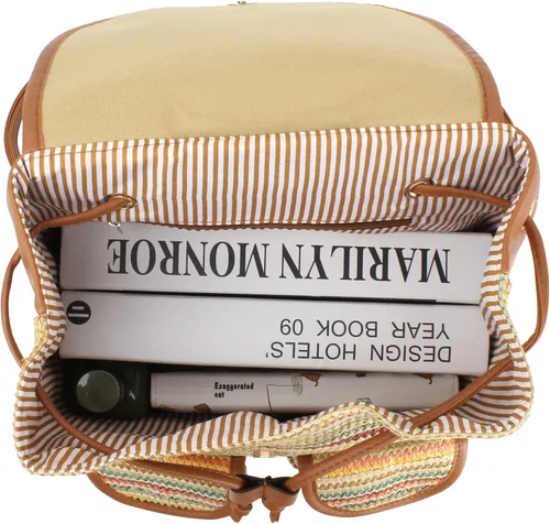 Miniatura 7 de Meyaus Mochila de paja hecha a mano para mujer, con solapa, cordón y cordón, Marrón claro, Mochilas Daypack