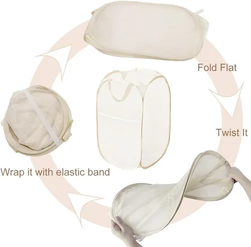 Miniatura 5 de Cesta plegable para la ropa sucia, cesta de malla para almacenamiento para dormitorios universitarios, viajes, cruzar, acampar, color beige
