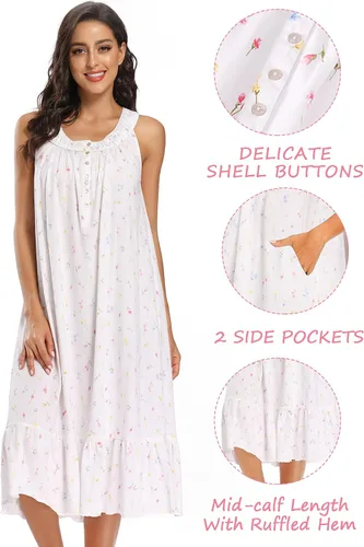 Miniatura 3 de IZZY + TOBY Camisones de algodón para mujer, sin mangas, con bolsillos, suaves, con nudos, camisón largo