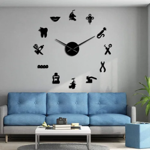 Miniatura 2 de The Geeky Days Reloj de pared gigante con signo de dentista con efecto espejo, reloj dental, arte de pared, decoración del hogar, reloj grande sin
