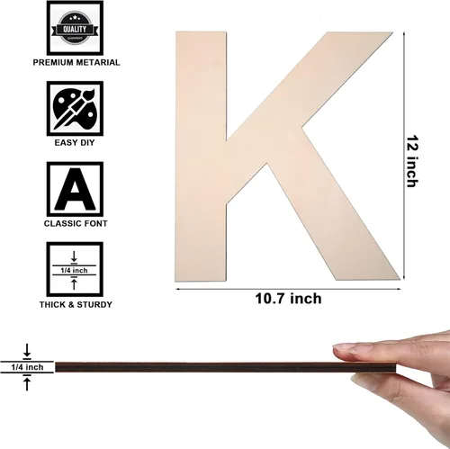 Miniatura 2 de Letra K de madera de 12 pulgadas de grosor, letra de madera grande sin terminar de 1/4 de pulgada de grosor para manualidades, decoración de pared