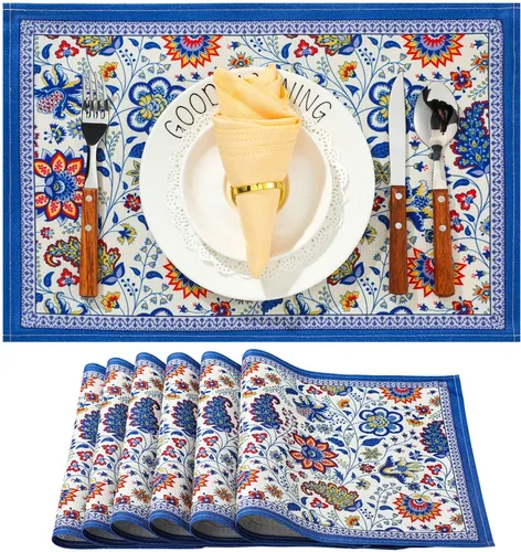 Cunhill Juego de 6 manteles individuales para mesa de comedor, de lino y algodón, antideslizantes, lavables, vintage, color azul, floral, para