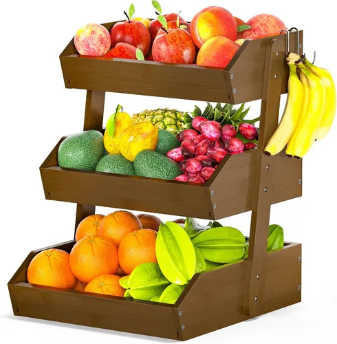 Miniatura 14 de Gmtsl Cesta de frutas de bambú para cocina, frutero de 2 niveles para encimera de cocina, soporte grande para frutas con 2 ganchos para plátanos