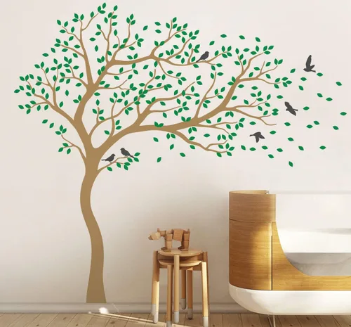 Miniatura 16 de Vinilo decorativo para pared de árbol grande con pájaros y hojas que soplan en el viento, adhesivo mural de bosque
