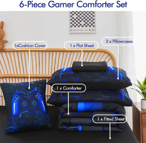 Miniatura 3 de PERFEMET Juego de ropa de cama tamaño Twin en una bolsa, 6 piezas, juego de ropa de cama gaming para niños, edredón azul gamer con juego de sábanas