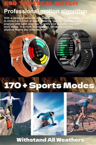 Miniatura 5 de Reloj inteligente militar, pantalla AMOLED ultra clara de 1.75 pulgadas, monitor de frecuencia cardíaca de oxígeno en sangre Spo2, batería de 730