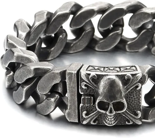Miniatura 3 de COOLSTEELANDBEYOND Pulsera de cadena de acero cepillado vintage grande para hombre con flor de lis y calavera