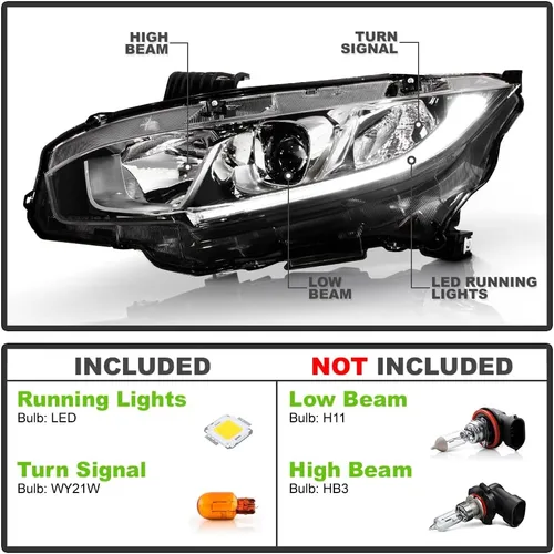 Miniatura 2 de ACANII - Para [tipo halógeno] 2016-2021 Honda Civic Chrome Housing LED DRL Proyector Faros Faros Par Izquierdo+Derecho