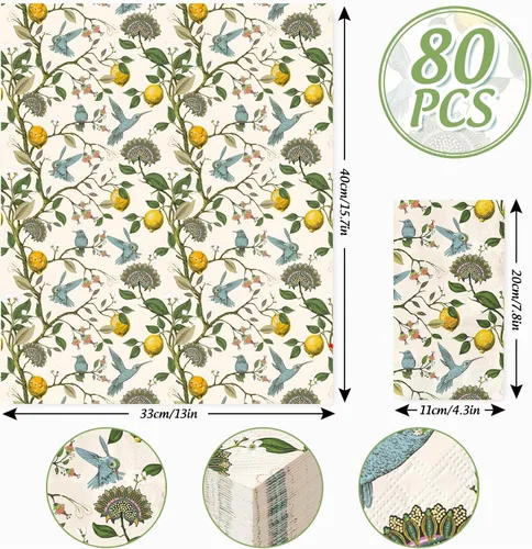 Miniatura 2 de 80 servilletas de papel desechables con diseño de pájaro azul, diseño retro de árbol de limón, servilletas de papel decorativas de temporada