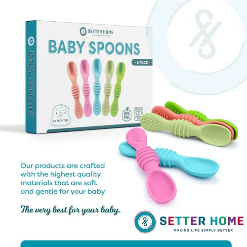 Miniatura 6 de Juego de cucharas de silicona prémium para bebés, cucharas para bebés y niños pequeños, utensilios de destete masticables para bebés de primera