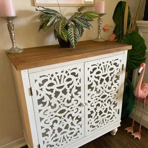 Miniatura 7 de PHI VILLA Gabinete de Acento Blanco con Puertas, Aparador Buffet Estilo Granja con Gabinetes Pequeños Tallados Calados