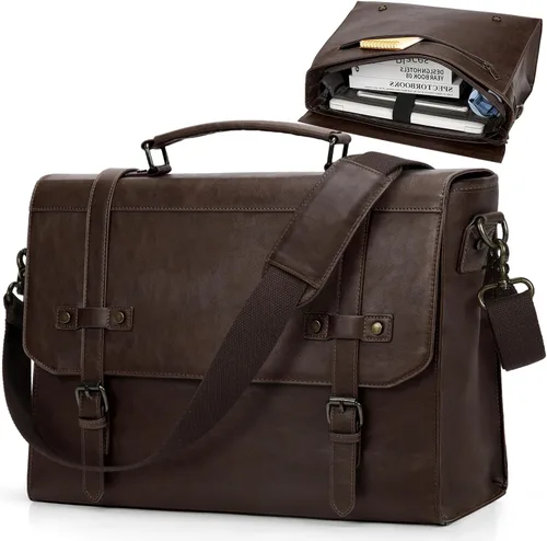 Miniatura 9 de RAINSMORE Bolsa de mensajero para hombre de 17 pulgadas, impermeable, de piel vintage, maletín para laptop, bolsa grande para laptop, bolsa de Marrón