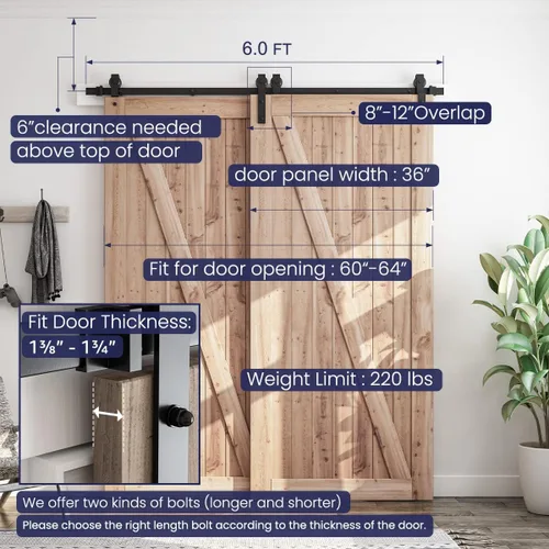Miniatura 4 de SMARTSTANDARD - Kit de herrajes para puerta corrediza de granero de 6 pies para puertas de madera dobles vía única suave y silencioso fácil