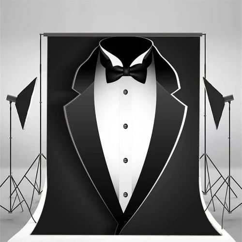 Miniatura 7 de BJRLEM998 - Telón de fondo de esmoquin negro de 3 x 5 pies para hombre, traje de pajarita en blanco y negro, traje de lujo, cumpleaños, cena