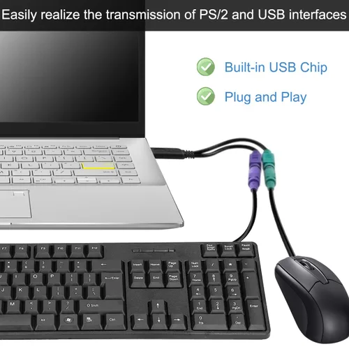 Miniatura 3 de Adaptador PS/2 a USB, cable adaptador de teclado y ratón, PS/2 hembra a USB A macho con chip, 2 cables convertidores 2 en 1 PS-2 a USB 2.0
