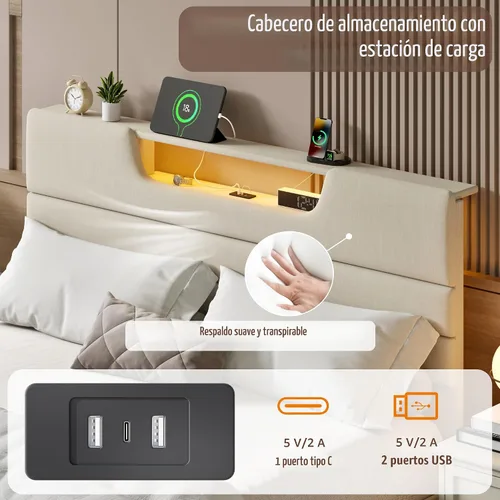 Miniatura 4 de OURPIC - Marcos de cama tamaño Queen con cabecero tapizado, cama moderna con plataforma y estación de carga y luces LED, marco de cama con listones