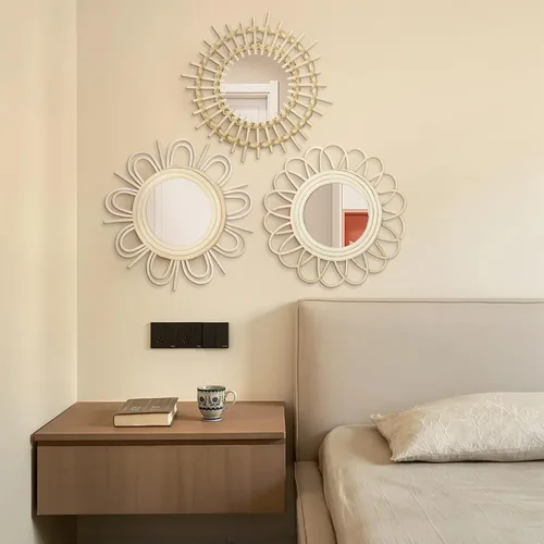 Miniatura 5 de Briful Espejos de Pared Decorativos Beige Juego de 3 Espejos de Pared Redondos de Madera Montados en Pared Espejos Sunburst Colgantes Arte de Pared
