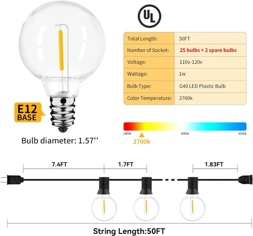 Miniatura 2 de Tira de luces para exteriores, 50 pies con 27 bombillas LED G40 regulables, inastillables, transparentes, aprobación UL, impermeable, 1 W, 2700 K