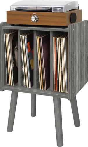 Montex Soporte para tocadiscos, mesa de almacenamiento de discos de vinilo con 4 gabinetes, soporte giratorio moderno de mediados de siglo, mesa