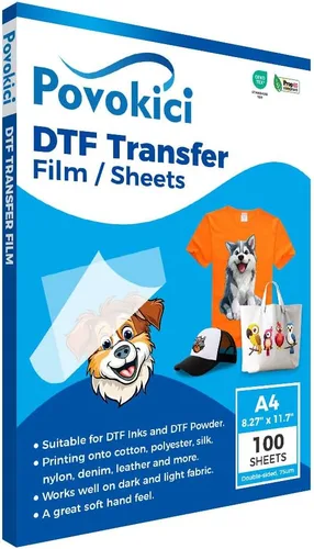 POVOKICI Película de transferencia DTF A4 (8.27 x 11.7 pulgadas), 100 hojas de doble cara mate transparente pretratamiento, papel de transferencia