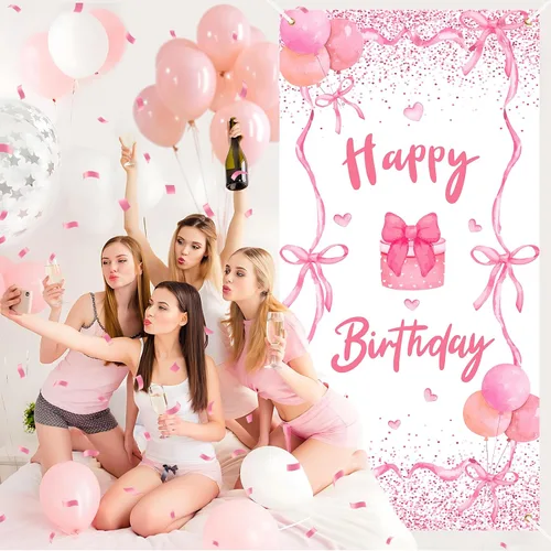 Miniatura 2 de Cartel de puerta de cumpleaños con lazo rosa para decoración de fiesta de cumpleaños con lazo rosa, cubierta de puerta de cumpleaños, pancarta