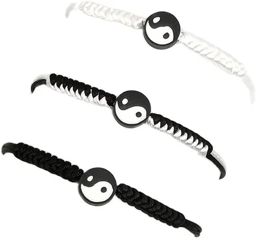 Pingyongchang Juego de 3 pulseras de arcilla de Tai Chi Yin Yang, ajustable, de cerámica suave, color negro, blanco y negro, Yin Yang Bagua Tai Chi,