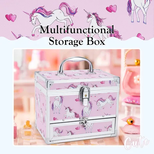 Miniatura 6 de Hododou Joyero para niñas diseño de unicornio rosa organizador con cajón y espejo estuche de almacenamiento con cerradura estilo unicornio