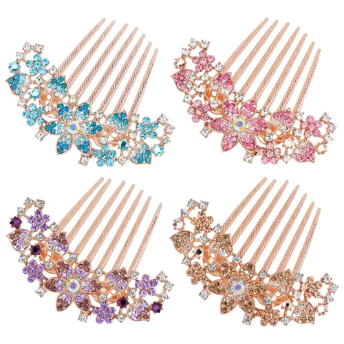 inSowni Paquete de 4 piezas de diamantes de imitación de cristal de metal dorado con purpurina de lujo, peines laterales con dientes largos, moño,