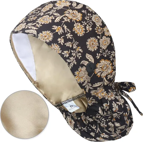 Miniatura 50 de QBA Gorra de trabajo ajustable con botón, gorro forrado de satén, gorro de trabajo de algodón, banda elástica para atar en la espalda, unisex Pt