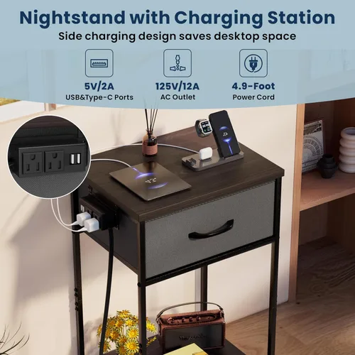 Miniatura 3 de Whitmor Mesita de noche con estación de carga, mesita de noche con cajón de tela y estante de almacenamiento, mesa auxiliar con puertos USB y tomas