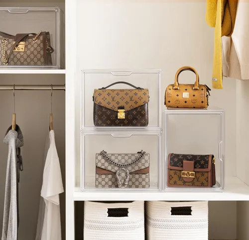 Miniatura 29 de HBlife Paquete de 3 organizadores de almacenamiento de bolsos para armario, caja de exhibición mediana transparente apilable con puerta magnética