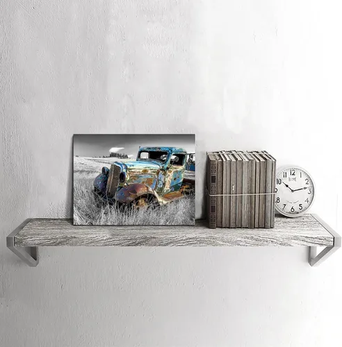 Miniatura 6 de SunFlax Arte de Lienzo de Pared de Carro Oxidado: Obra de Arte de Camión Azul Viejo Cuadro Rústico de Automóvil Pintura Vintage de Campo Antigua