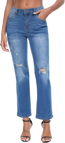 Jeans para mujer, rasgados de cintura media, jeans estilo boyfriend, pierna recta, elásticos, desgastados, jeans para mamá con agujero