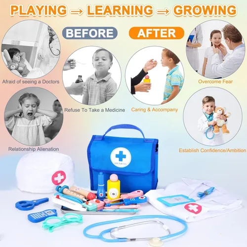 Miniatura 3 de Kit de médico para niños pequeños de 3 a 5 años, kit de médico para niños con bolsa de almacenamiento médico y estetoscopio real, disfraz de médico