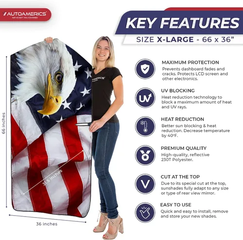 Miniatura 2 de Autoamerics Parasol para parabrisas de 1 pieza, bandera del águila americana, diseño patriótico de 3 Estados Unidos, parasol plegable para ventana