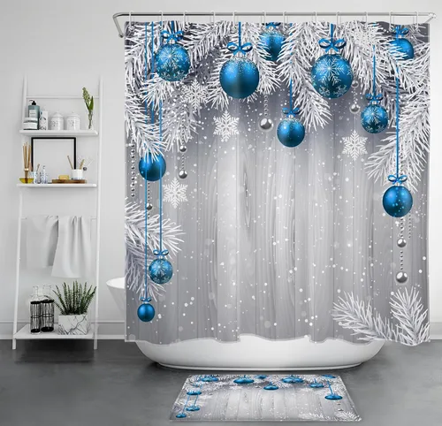 Miniatura 9 de LB Pink Christmas Shower Curtain Sets with Rugs Snowflake and Fir Twigs with Xmas Ball on Rustic Grey Wood Fabric Shower Curtain with Hooks Winter