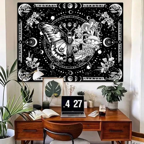 Miniatura 3 de Fungarth Tapiz de Esqueleto y Mariposa Blanco y Negro Calavera Hongos Plantas Tapices Hippie Estético Tapiz Colgante de Pared para Dormitorio Sala